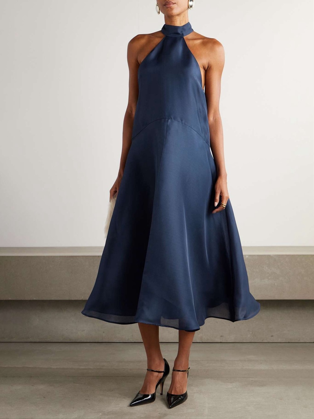 Altuzarra Becca Silk Satin Halterneck Midi Dress Navy Blue NWT Size 40 US 8